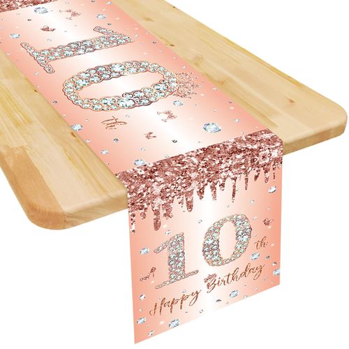 10th Birthday Table Runner for Girls Her Rose Gold Happy 10th Birthday Table Runner 10 Years Old Birthday Celebration Party Decorations Non-Slip Dining Table Linen Cover Cloth Decor, 180x35cm Long