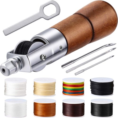 12 Pieces Leather Sewing Awl Kit Hand Stitcher with Craft Accessories Set, Hand Awl Tool, 3 Sizes Needles and 8 Colors Replacement Spools of Thread, Stitching Awl Tool Kit for Leather Fabric Supplies