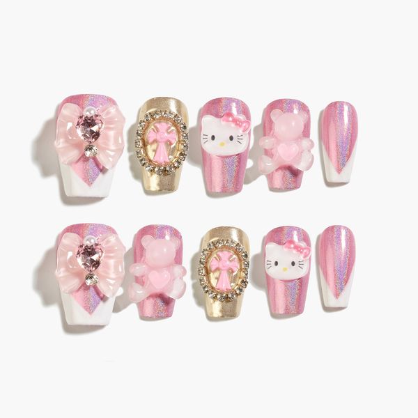 Sun&Beam Nails Handmade Nail Tip, Short Ballerina, Coffin False Nails, Pink, White, Cute, Painful Nails, Design, 10 Pieces (#112 M)