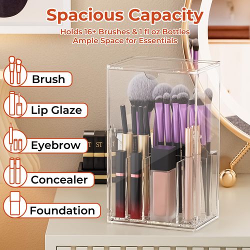 Udefineit Acrylic Makeup Brush Holder, 17 Slots Makeup Brush Organizer with Tilt Open Design, Large Make Up Brushes Case Cosmetic Organizer for Vanity Bathroom Countertop Office Home