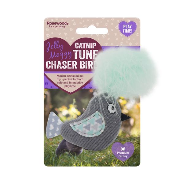 Rosewood Jolly Moggy Catnip Tune Chaser Bird - Interactive Cat Toy with Motion-Activated Sounds and Catnip for Stimulating Play and Entertainment