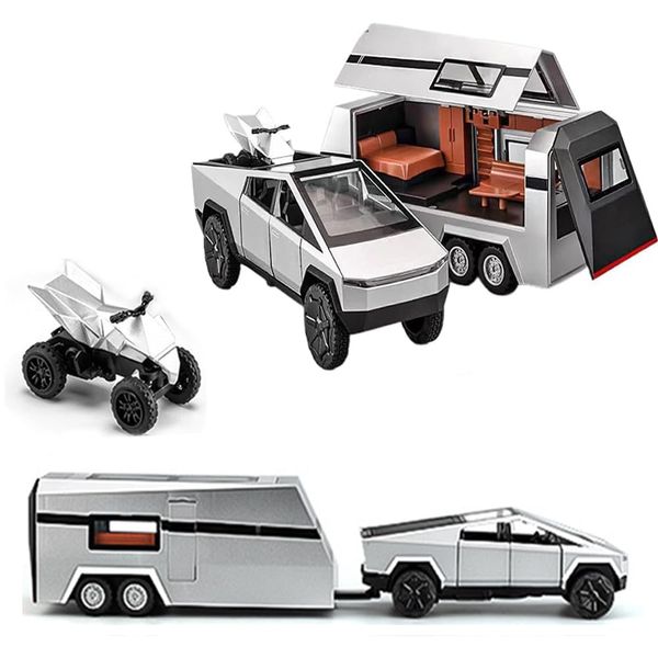 1/32 Pickup Trailer RV Model Kit, Off-Road Pickup Truck Model Toy with Motorcycle, Truck and Trailer Toy with Sound Light Pull Back, Alloy Diecast Vehicles Cars Toys Gifts for Boy Girl Adult