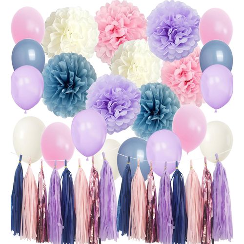 Iridescent Party Decorations with Pink Purple Dusty Blue Balloons and Paper Tassel Pom Poms Kit for girls birthday Wedding Bridal Baby Shower Supplies (Pastel Rainbow)