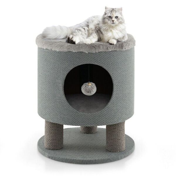 3-in-1 Cat Condo Bed Scratching Post Pet Kitty Play House Cat W/ Plush Ball Toy