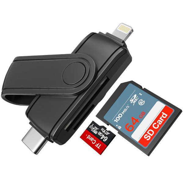 Lightning SD Card Reader for iPhone, iPad, 2 in 1 SD/Micro SD Card Adapter USB C (Read Two Cards Simultaneously), iPhone SD Card Reader with Lightning and USB C Port, Fast Transfer