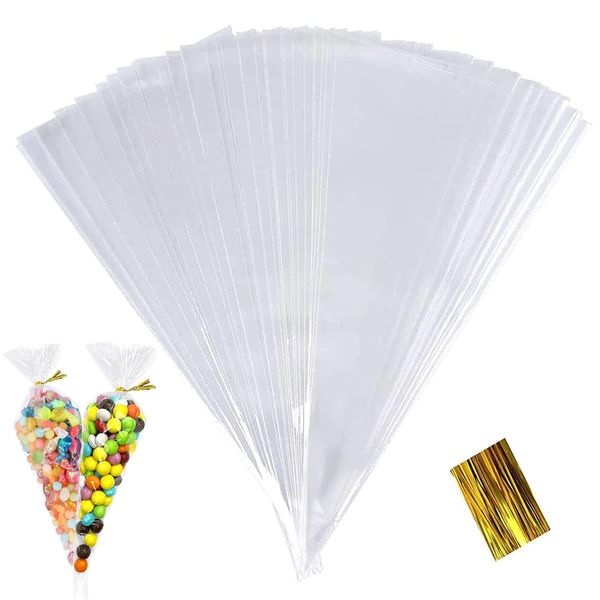 100 Stück Süßigkeiten Tüten, 25x13cm Candy Bar Tüten Bonbon Tüten Cone Tüte Cellophantüten mit 100 Stück Twist Ties Transparent Süßigkeiten Tüten Geschenktüten für Schokolade Bonbons Kekse