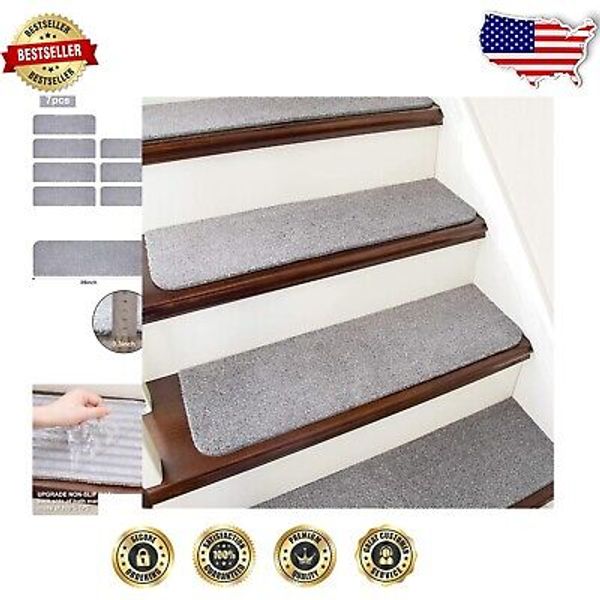 Machine Washable Indoor Stair Treads - 7 pcs Non-Slip Grey Mats for Kids & Pets