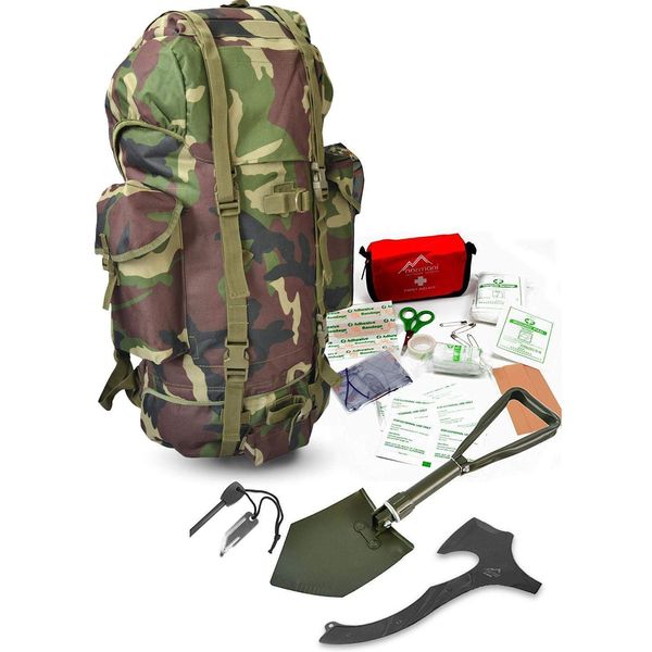 Survival Set BW Bundeswehr Flecktarn Kampfrucksack + Bundeswehr Spaten nach TL + Tomahawk M48 + Feuerstarter + Erste Hilfe Notfall Kit Farbe Wood-Land