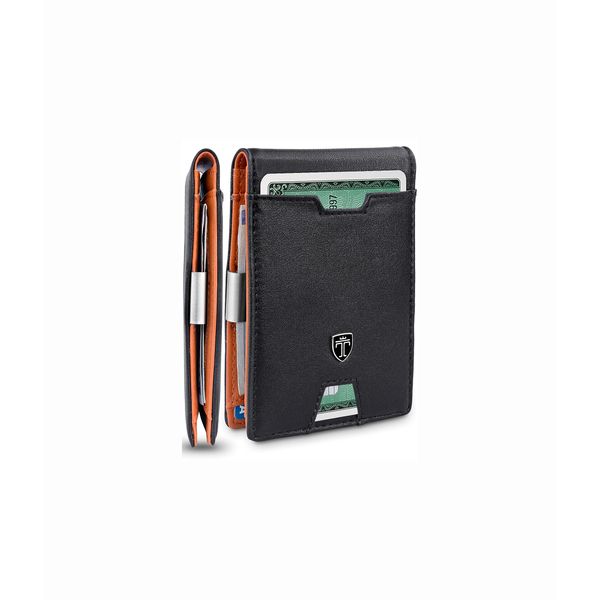TRAVANDO Wallet Mens with Money Clip London RFID Blocking Slim - Credit Card Holder - Mini Bifold Wallet for Men with Gift Box (Black & Orange)