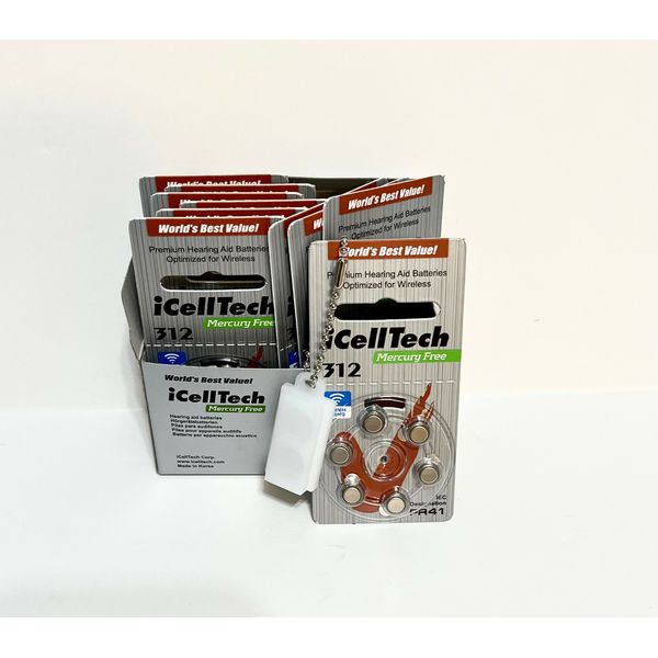 60 iCell Tech Size 312 PR41 P312 Hearing Aid Battery + Keychain Exp.2026