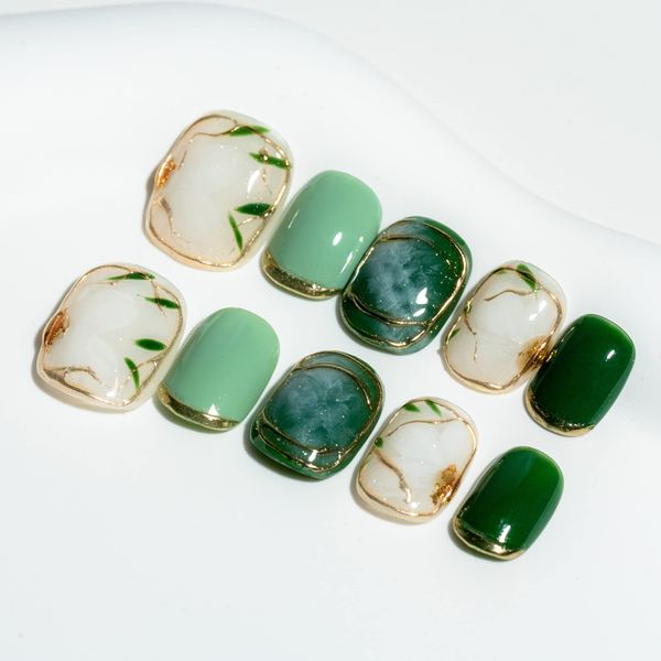 Sun&Beam Nails Handmade Nail Tip, Short, Green, Green, Round, False Nails, Glitter, Popular, Stylish, Cute Design, Just Paste On, Set of 10 (#33 Green Camellia · S)