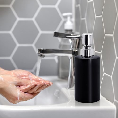 Soap Dispenser, 300ml Ceramic Liquid Dispenser Refillable Hand Lotion Pump Bottles Shampoo Conditioner Shower Gel Dish Detergent Storage Container for Bathroom Countertop Kitchen Laundry Room (Black)