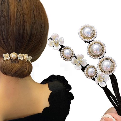 EYVRPAU 2 Piece Magic Hair Bun Maker, Hair Bun Shaper Set with Pearl Flowers, Doughnut Hair Bun Maker for Women, Children, Girls and Women