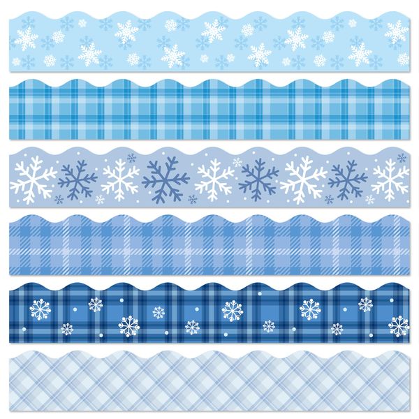 BeYumi 96Pcs Winter Snowflake Plaid Bulletin Board Borders Blue Christmas Scalloped Plaid Border Trim Snowflake Themed Holiday School Classroom Office Party Chalkboard Blackboard Whiteboard Decoration