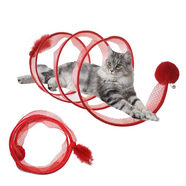 Cat Tunnel for Indoor Cats, S Type Foldable Cat Tunnel Red Cat Play Tunnels with Feather and Ball Interactive Cat Toys