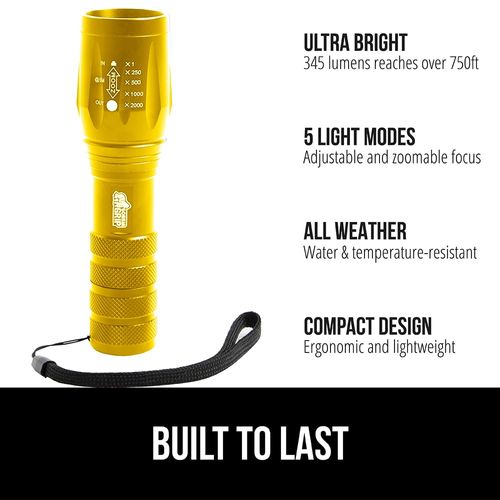 GORILLA GRIP Powerful LED Tactical Flashlight, 750 FT High Lumens 5 Adjustable Modes, Water Resistant, Ultra Bright Zoom Flashlights, Small Mini Flash Light, Camping, Night Dog Walking, 2 Pack Gold