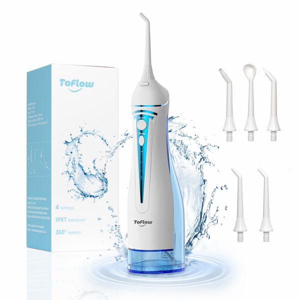 ToFlow Water Dental Flosser Teeth Pick: 4 Modes Travel Portable Water Flosser, Rechargeable Irrigation Cleaner for Teeth, 300ML Cordless Oral Irrigator with 5 Jet Tips, IPX7 Waterproof Dental Flosser