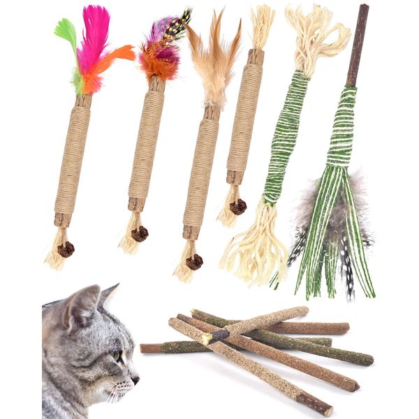 ERKOON Cat Toy, 12 pcs Kitten Chew Stick Catnip Sticks for Cat, Cat Dental Feather Kittens Teeth Toys Natural Matatabi Dental Care, Increase Appetite, Calm Anxiety and Stress