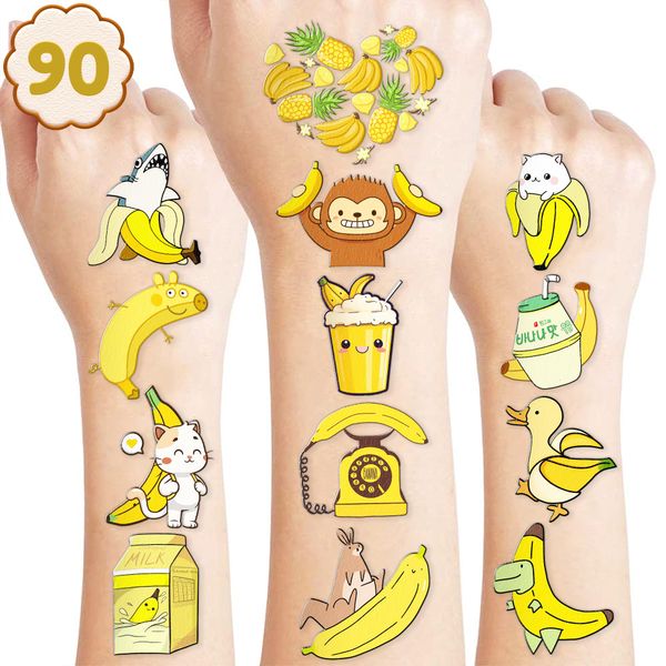 Cute Banana Temporary Tattoos 8 Sheets 90PCS Yellow Banana Party Decorations Supplies Favors Fruits Theme Birthday Cute Stickers Christmas Gifts for Boys Girls Kids Class School Prizes Carnival