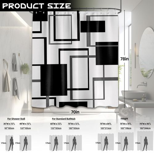Yieldeer Black and White Shower Curtain Geometric Shower Curtains for Mens Bathroom Decor Black White and Grey Bath Curtain Set, Waterproof Cloth Fabric with Hooks 70 x 78 Inch