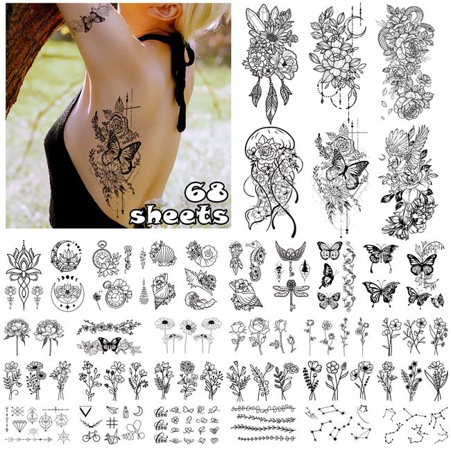 Acevegue 68 Blätter Fake Tattoos, Temporäre Tattoos Klebetattoos Erwachsene 3D Wasserdicht Tattoo Temporär Tattoos Mädchen Arm Tattoo Aufkleber Tatoos Aufkleben Damen Fake Tattoos Frauen