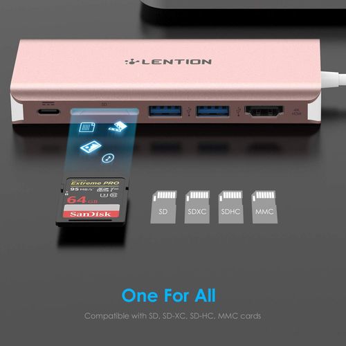 LENTION USB C Hub with 4K HDMI, SD Card Reader, 2 USB 3.0, Type C Charging & Ethernet Compatible 2023-2016 MacBook Pro, New Mac Air/Surface/Steam Deck, More (CB-C68, Rose Gold)