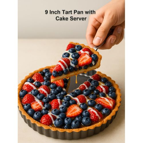 Yamteck 9 Inch Quiche Tart Pans with Pie Cake Server. Removable Bottom, Non-Stick Coating, Rugged Carbon Steel for Tart Quiche Baking. Gift for Women Wife Christmas Thanksgiving Party Festival Family