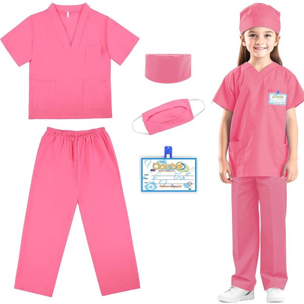 RioRand Doctor Costume for Kids,Toddler Nurse Scrubs Career Day Costume Halloween Dress Up Cosplay For Boys Girls 3-11 Years (Pink, M-120/Height44.4-48'')