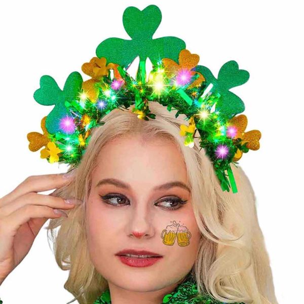 Zoestar Light up St Patrick's Day Headband Glowing Shamrock Hair Hoop Green Clover Hair Bands Irish Festival Party Hair Accessories