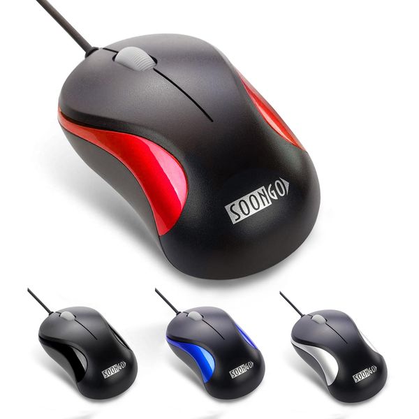 SOONGO Computer Mini USB Wired Optical Mouse Portable for Laptop, Notebook, Macbook - Red