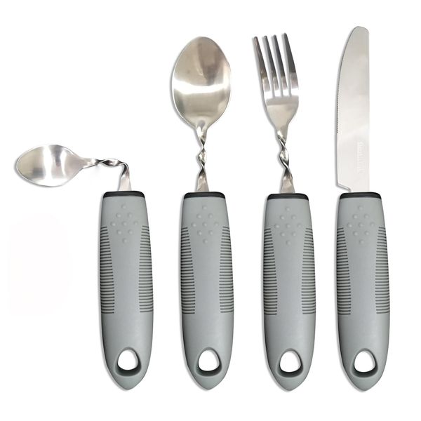 Cutlery for Parkinson's Disabled Seniors - Aid Set with Spoon Knife Fork for Osteoarthritis Rheumatism Disabled People Curved Thickened Handle Flexible Grey