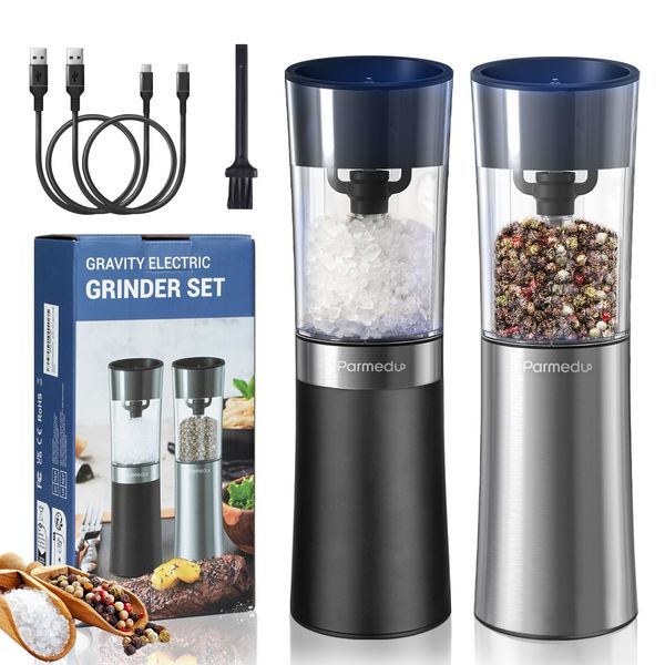 Parmedu Gravity Electric Salt and Pepper Grinder Set: USB Rechargeable Automatic Salt & Pepper Mill - Spice Grinder Adjustable Fineness, 100ml Transparent Washable Storage Bin, LED Light (2 Pack)