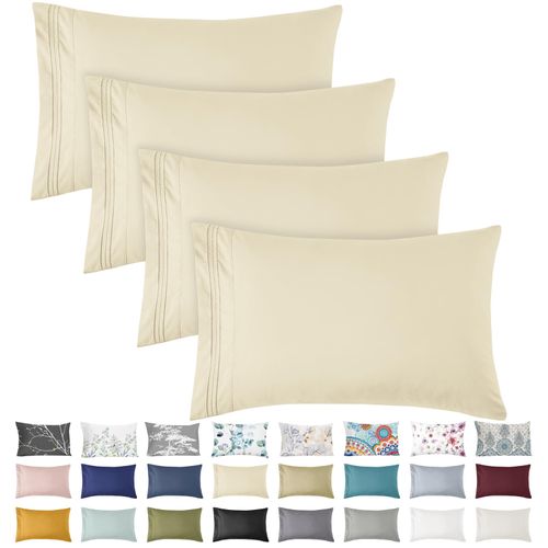 YIYEA Pillow Cases Queen Size Set of 4, Ultra Soft 1800TC Hotel Quality Double Brushed Microfiber Embroidered Pillowcases, Envelope Closure, Fade Resistant (20"x30", Cream)