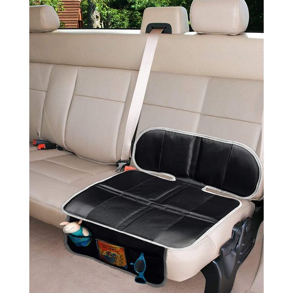 Car Seat Protector, Thick Padding Protection for Child & Baby Cars Seats, Dog Mat, Non Slip and Waterproof Protects Automotive Vehicle Upholstery with Extra Storage Pocket (Black)