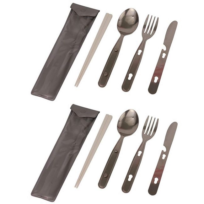 Captain Stag UZ-13212 Outdoor Cutlery Set, Camping Spoon Set, Includes Knife, Spoon, Fork, Chopsticks and Case, Made in Japan (2 Sets)