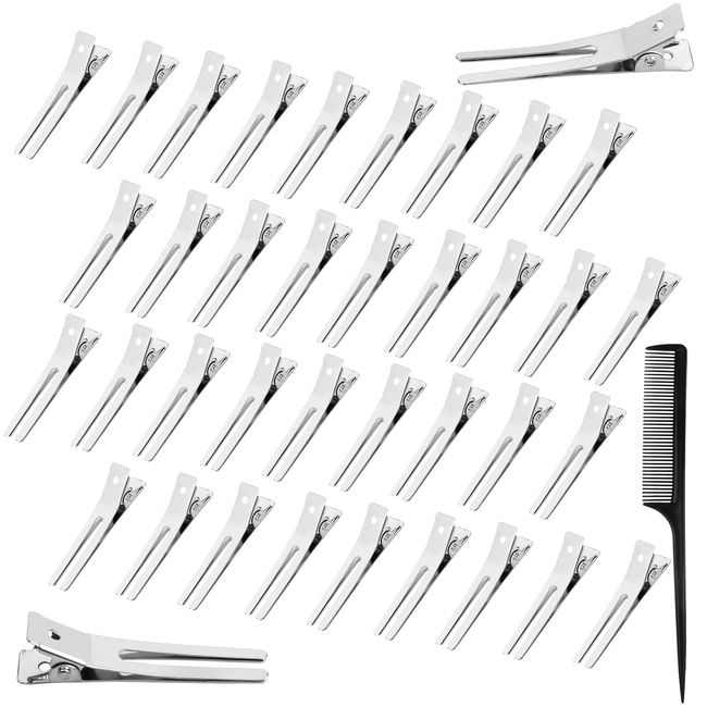 Ailvor 60 Stück EnteBill Haarspangen, Silber Friseur Haarclips, Metall Alligator Curl mit 1 Stück Kamm, Stahl-Haarclips für DIY Haarklammern Damen und Mädchen Basteln (1.77 Zoll)