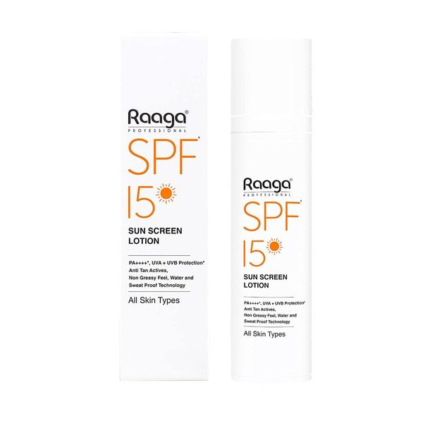 Raaga Professional SPF 15 Sunscreen Lotion, 1.86 Fl Oz (55 ml), with PA++++, Broad Spectrum UVA & UVB Rays Protection, Waterproof & Non Greasy Sunblock Cream