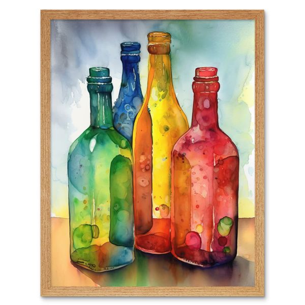 Artery8 Coloured Glass Cider Bottles Still Life Watercolour Painting Artwork Framed Wall Art Print 9X7 Inch