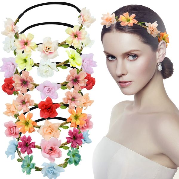 7Pcs Flower Crown Headbands, Flower Hair Wreath Flower Halo Floral Crown Wreath Flower Garland Headband Flower Floral Headbands Floral Headpieces Festival Hair Accessories for Wedding Party Festival