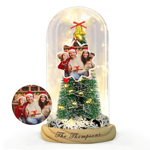 Christmas Personalized Gifts for Family, Custom Gifts with Photos Text, Mini Christmas Tree with Lights & Photos, Laser Engraving on Wooden Base, Christmas Unique Gifts Ideas for Men Women