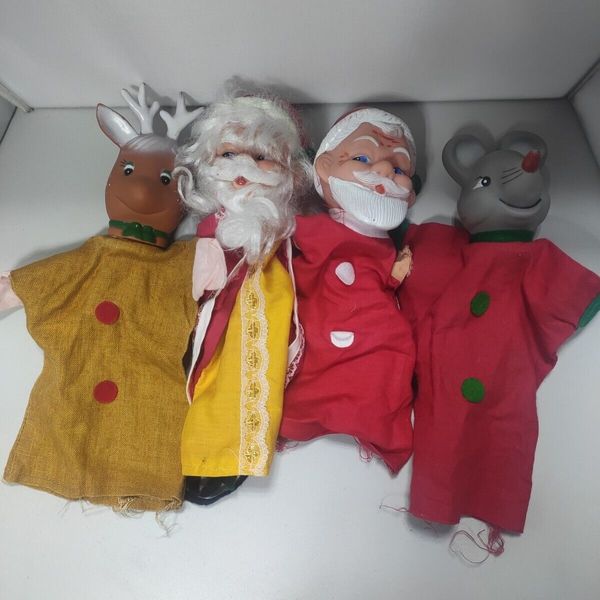 Set of 4 VTG Christmas Santa Claus Reindeer Hand Puppet Toy Rubber Vinyl Head