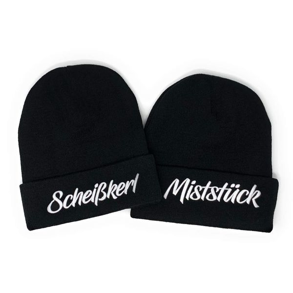 Outfitfabrik ♥ Beanie Set Guy and in Black with White 3D Embroidery (2 Beanies, Warm Winter Hat, Gift, Statement, Sayings, Knit) for Men and Women, Stretchy, black