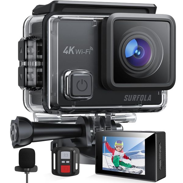 Surfola SF230 Action Camera, 4K 30fps, 20MP EIS Image Stabilization, Dual Color Screen, Underwater Camera, Sports Camera, with Microphone, 170 Degree Fisheye Lens, Remote Control, 2 x 1050mAh