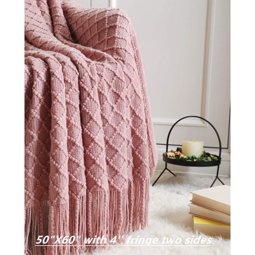 CREVENT Light Blush Pink Knit Throw Blanket for Couch Sofa Chair - Soft and Decorative for Spring Summer (50''X60'' Dusty Pink/Pale Pink)