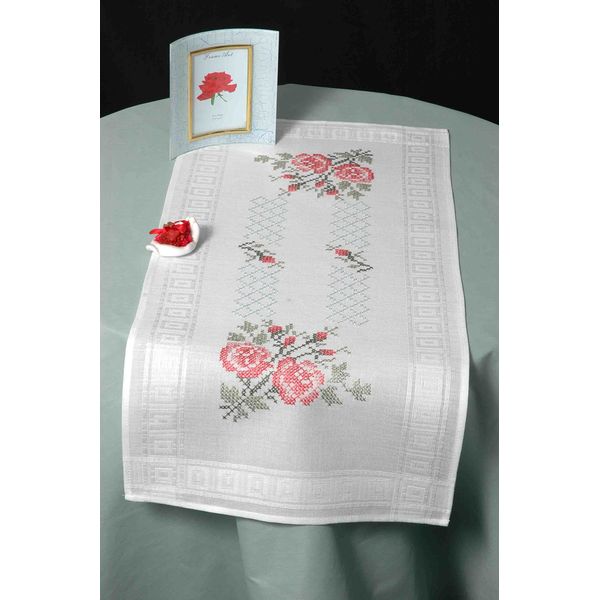 DECO-LINE Floral Trellis 40X100CM Printed Table Runner Embroidery KIT, White