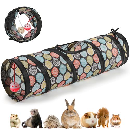 Pawaboo Small Pet Straight Tunnel, 23.6in Guinea Pig Tunnels and Hamster Tubes, Collapsible Small Animal Hideout with Interactive Bell and Balls, for Hamsters Guinea Pigs Rabbits Ferrets Chicks,Leaves