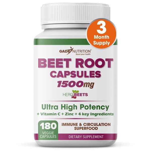 Beet Root Capsules 1500mg - Organic Beet Root Powder + Vitamin C Zinc, Elderberry, Pomegranate, Grape Seed Extract - Nitric Oxide Supplement, Supports for Healthy Circulation* -Vegan - 3 Months Supply