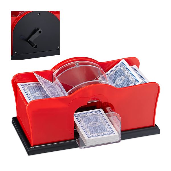 Relaxdays 10031555 card mixer, 2 decks, crank, manual mixer for playing cards up to 91 mm, plastic, red/black