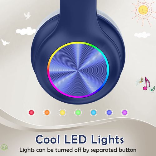 2024 Bluetooth Kids Headphones Fit for Aged 3-21, Colorful LED Lights Comfort Wireless Headphones with Microphone 94dB Volume Limited for School/iPad/PC/TV/Cellphones, Wired & TF Card Mode, Navy Blue