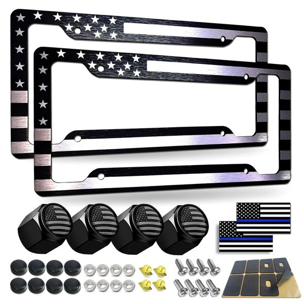 BGGTMO Black American Flag License Plate Frames- 2 Pack Front Rear Patriotic USA Stars and Stripes Aluminum Car Tag Holder Cover with Screws